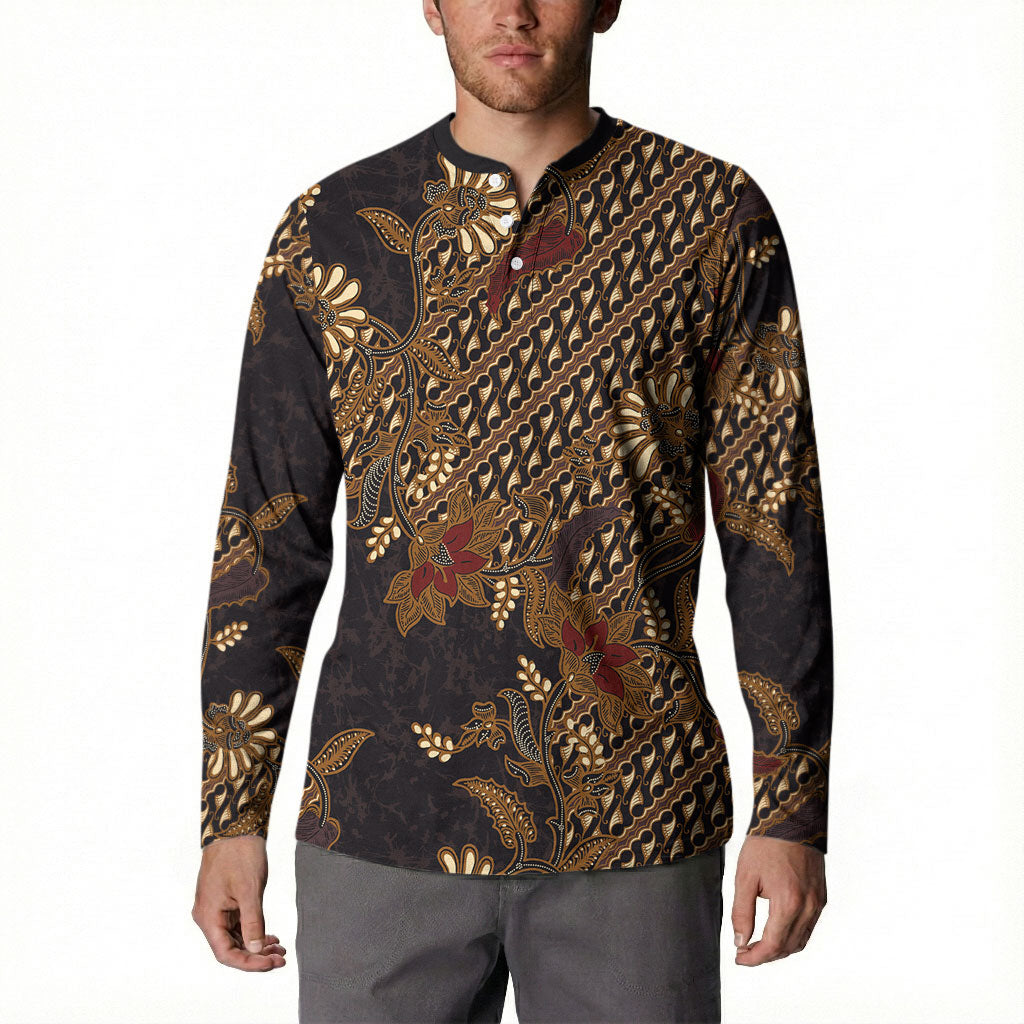 Indonesian Parang Batik Button Sweatshirt Brown Gold Floral Pattern LT05 - Polynesian Pride