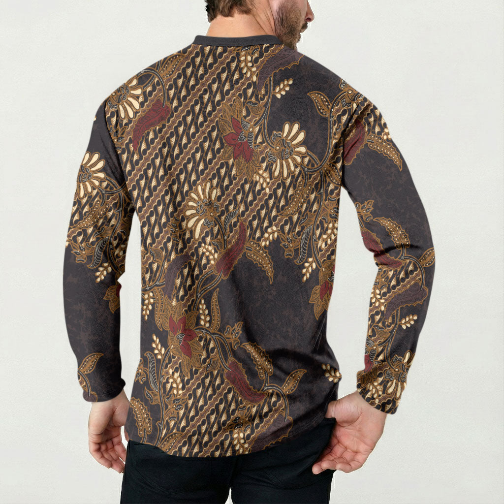 Indonesian Parang Batik Button Sweatshirt Brown Gold Floral Pattern LT05 - Polynesian Pride