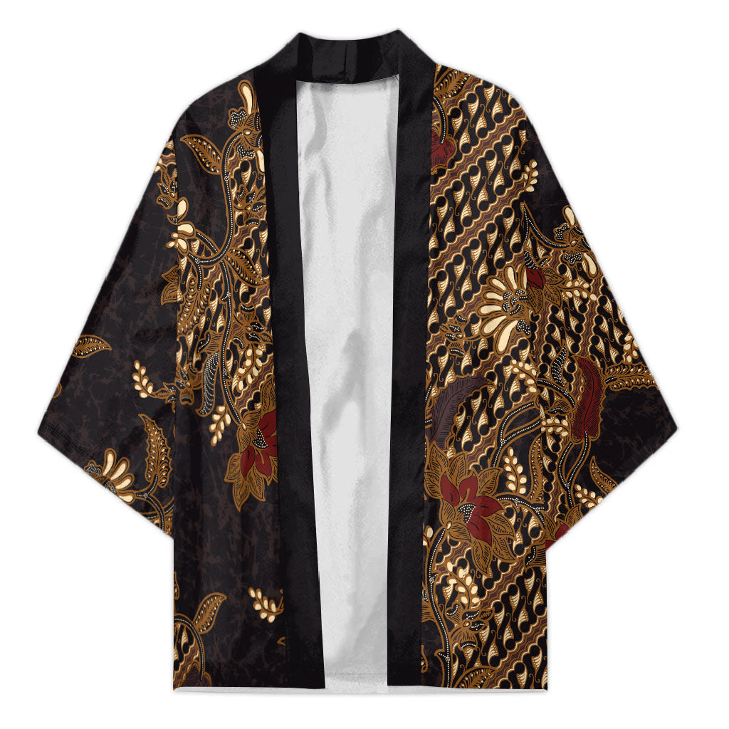 Indonesian Parang Batik Kimono Brown Gold Floral Pattern LT05 Unisex Brown - Polynesian Pride