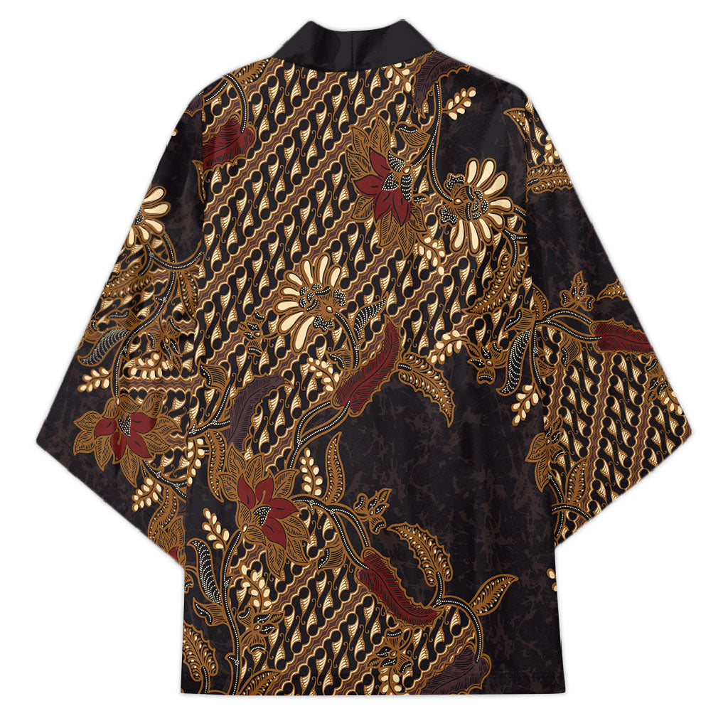 Indonesian Parang Batik Kimono Brown Gold Floral Pattern LT05 - Polynesian Pride