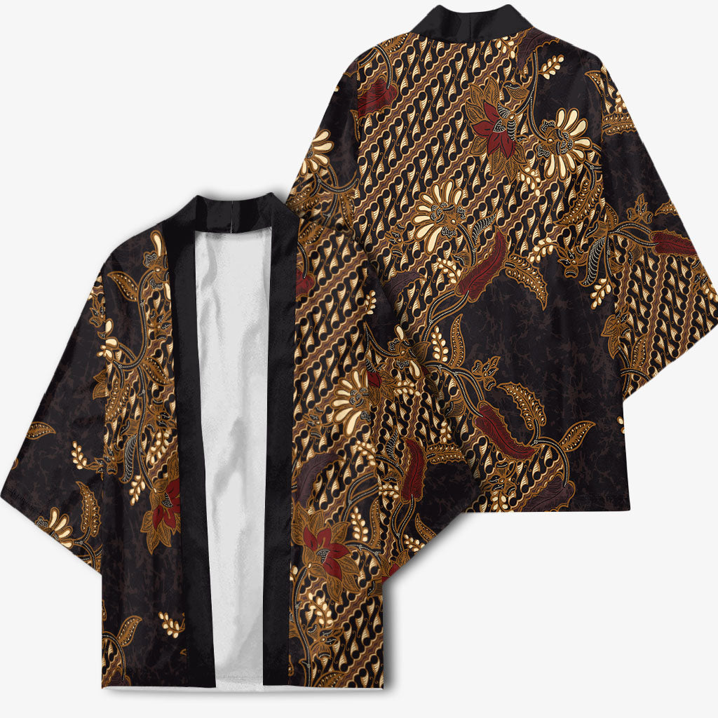 Indonesian Parang Batik Kimono Brown Gold Floral Pattern LT05 - Polynesian Pride