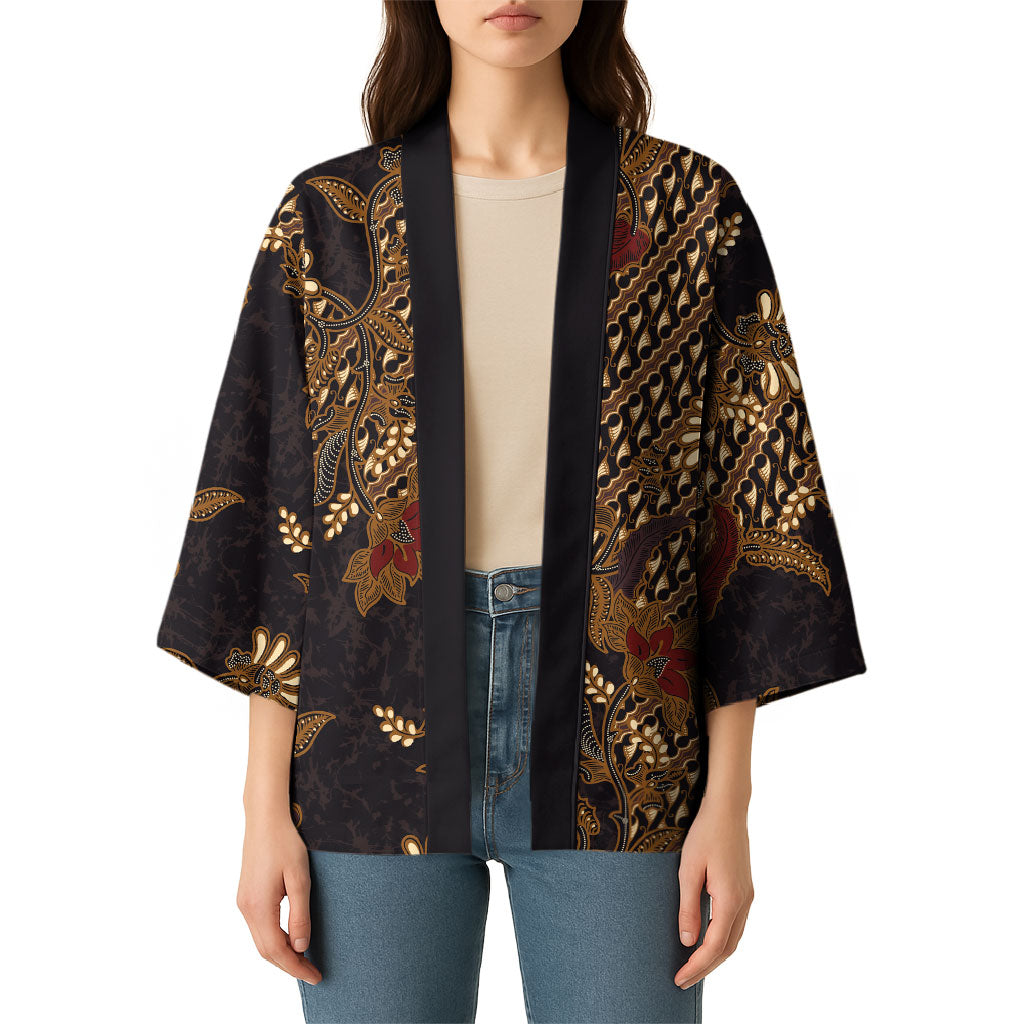 Indonesian Parang Batik Kimono Brown Gold Floral Pattern LT05 - Polynesian Pride