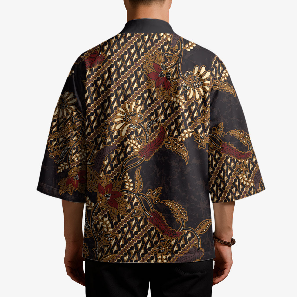 Indonesian Parang Batik Kimono Brown Gold Floral Pattern LT05 - Polynesian Pride