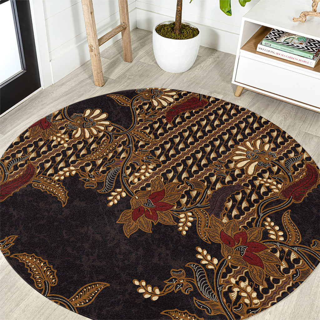 Indonesian Parang Batik Round Carpet Brown Gold Floral Pattern LT05 Brown - Polynesian Pride