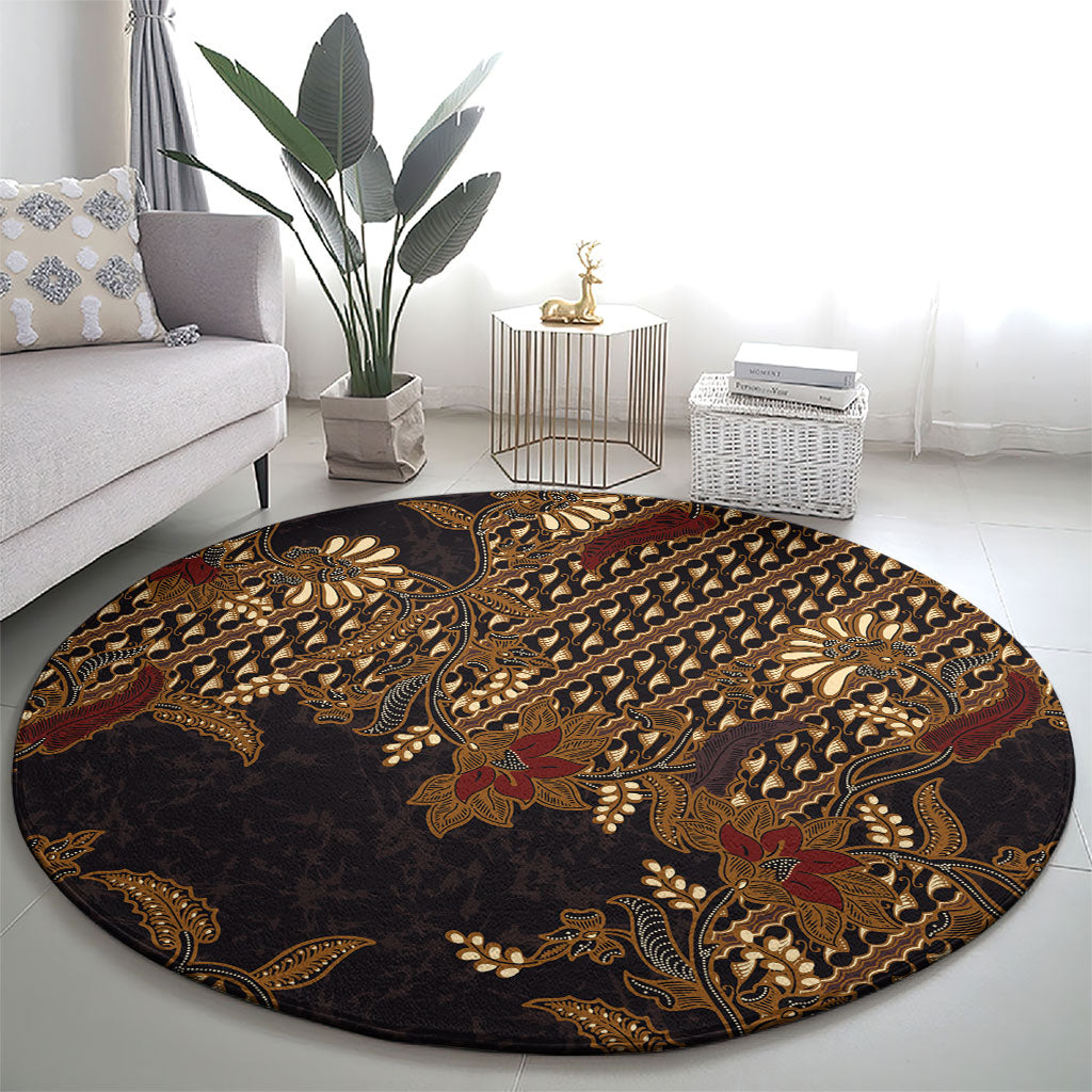 Indonesian Parang Batik Round Carpet Brown Gold Floral Pattern LT05 - Polynesian Pride