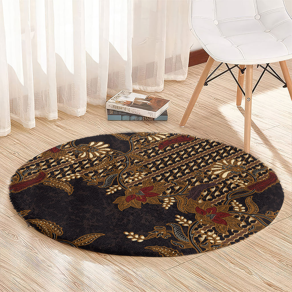Indonesian Parang Batik Round Carpet Brown Gold Floral Pattern LT05 - Polynesian Pride
