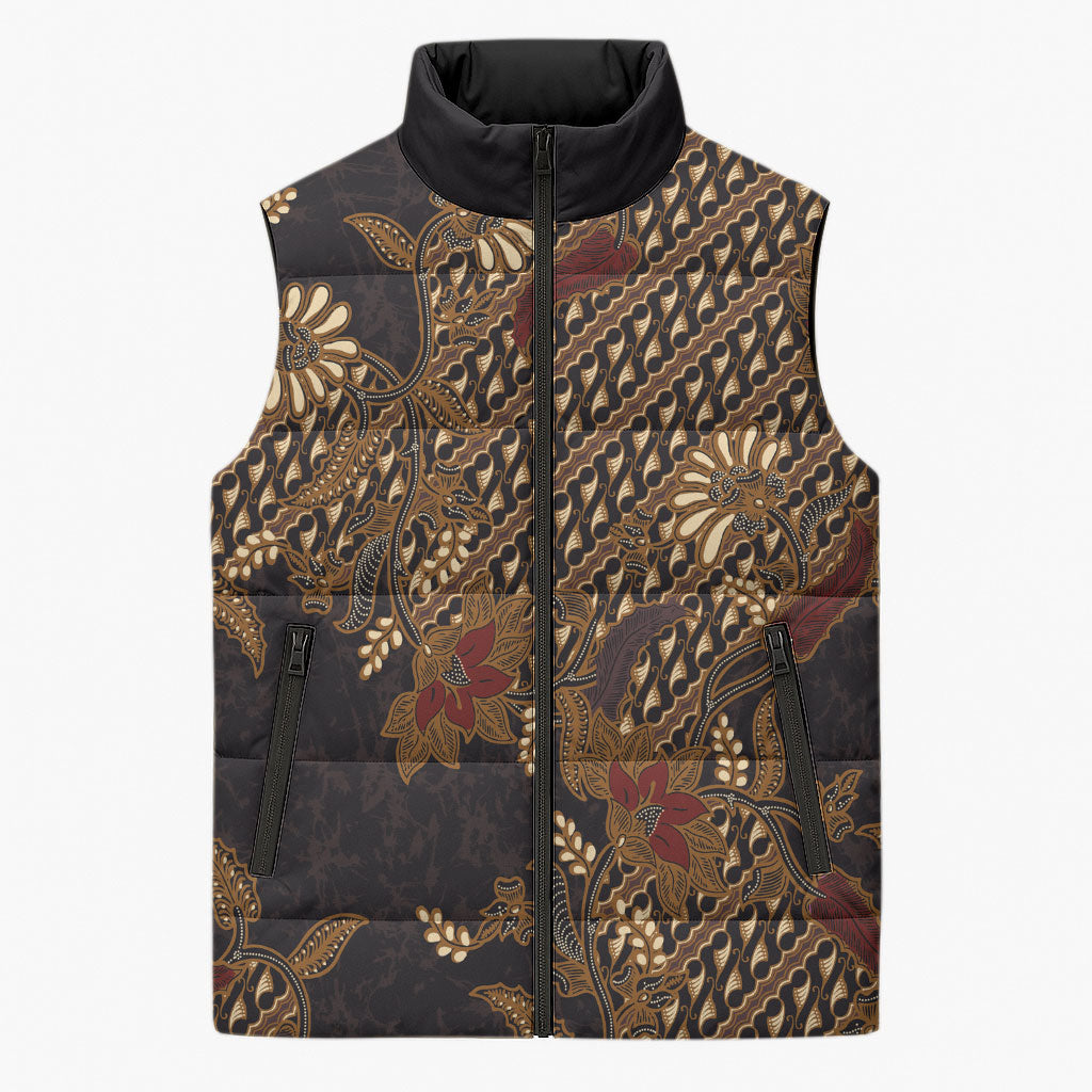 Indonesian Parang Batik Sleeveless Puffer Jacket Brown Gold Floral Pattern LT05 Unisex Brown - Polynesian Pride
