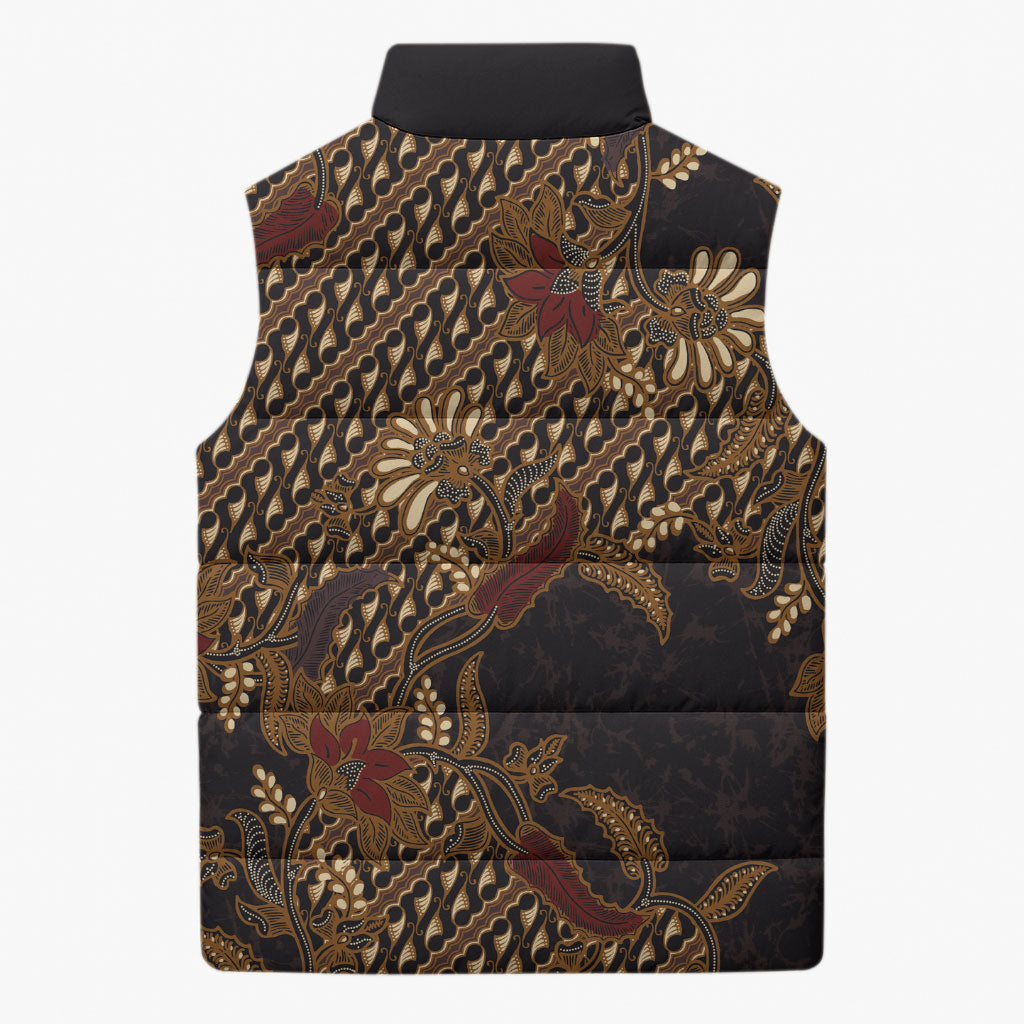 Indonesian Parang Batik Sleeveless Puffer Jacket Brown Gold Floral Pattern LT05 - Polynesian Pride