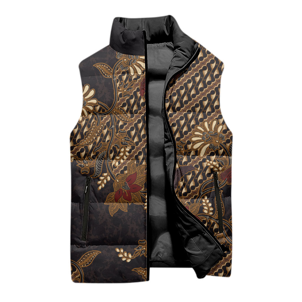 Indonesian Parang Batik Sleeveless Puffer Jacket Brown Gold Floral Pattern LT05 - Polynesian Pride