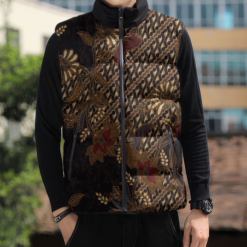 Indonesian Parang Batik Sleeveless Puffer Jacket Brown Gold Floral Pattern LT05 - Polynesian Pride