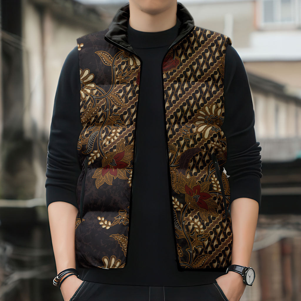 Indonesian Parang Batik Sleeveless Puffer Jacket Brown Gold Floral Pattern LT05 - Polynesian Pride