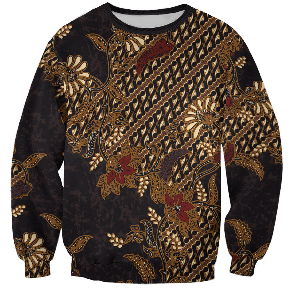 Indonesian Parang Batik Sweatshirt Brown Gold Floral Pattern LT05 Unisex Brown - Polynesian Pride
