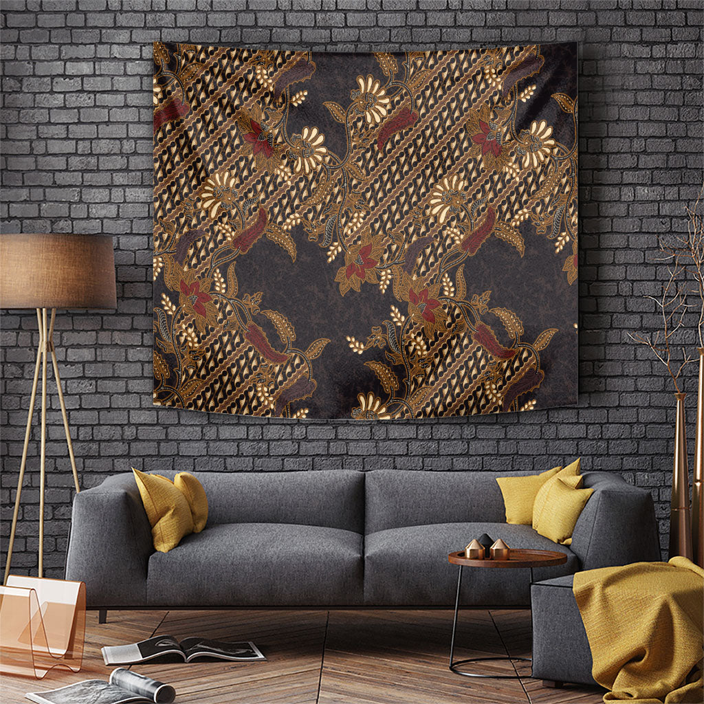 Indonesian Parang Batik Tapestry Brown Gold Floral Pattern LT05 Brown - Polynesian Pride