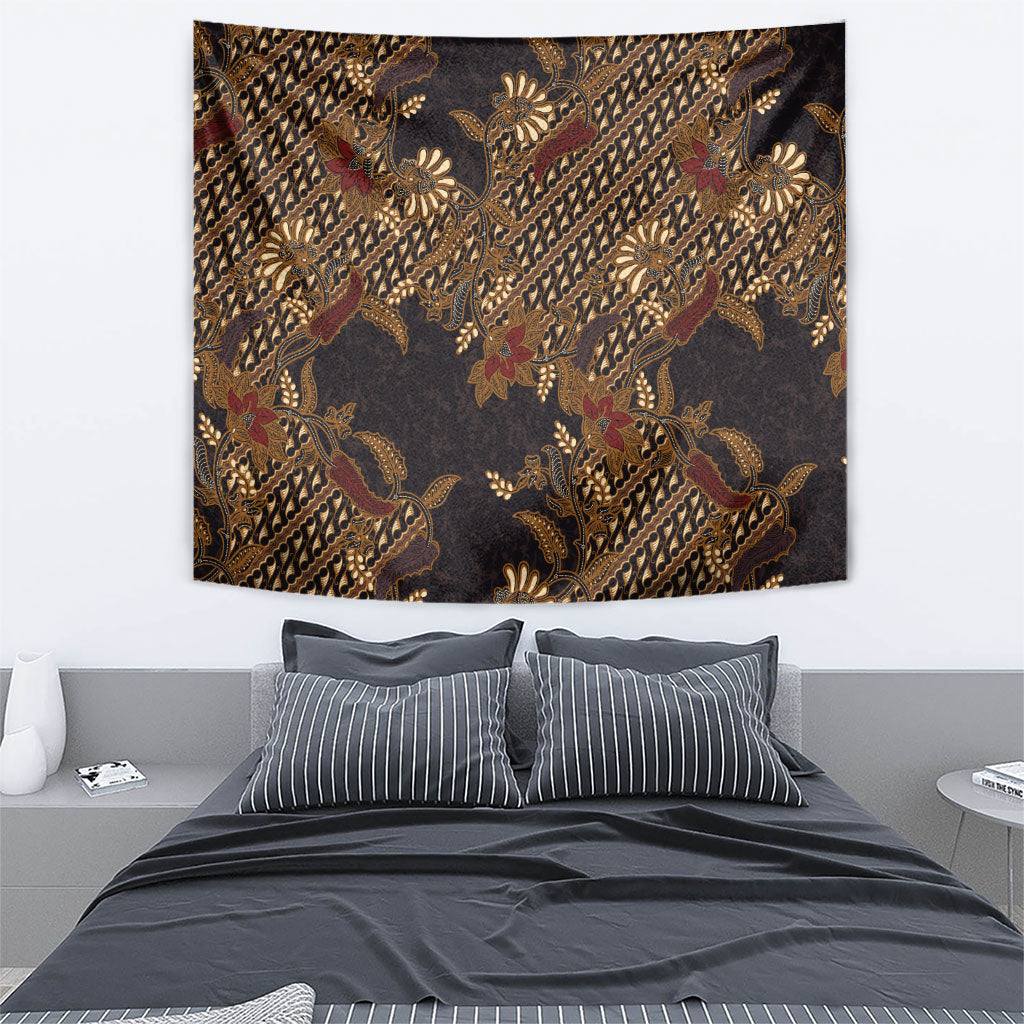 Indonesian Parang Batik Tapestry Brown Gold Floral Pattern LT05 - Polynesian Pride