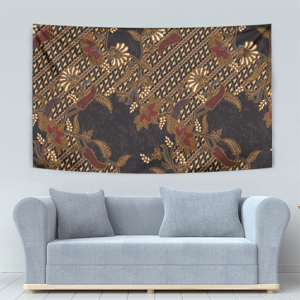 Indonesian Parang Batik Tapestry Brown Gold Floral Pattern LT05 - Polynesian Pride