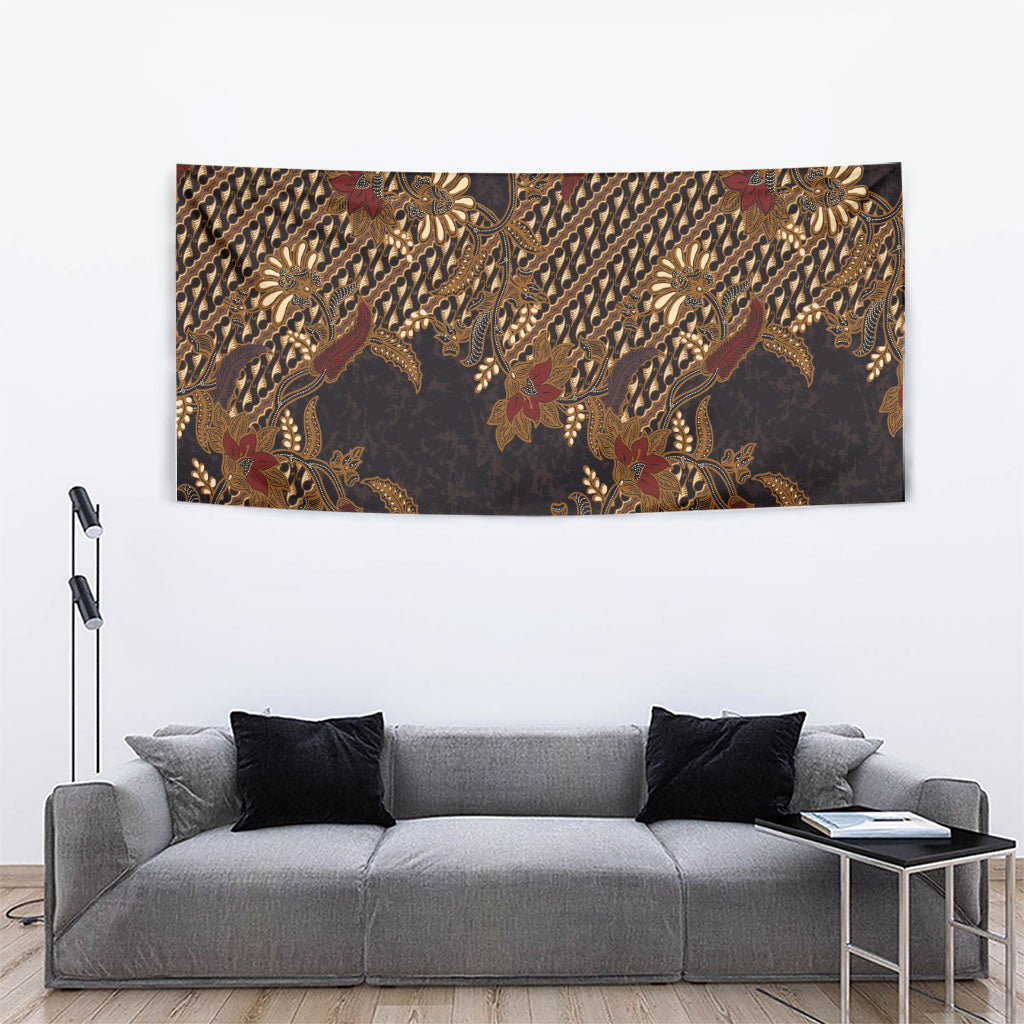 Indonesian Parang Batik Tapestry Brown Gold Floral Pattern LT05 - Polynesian Pride