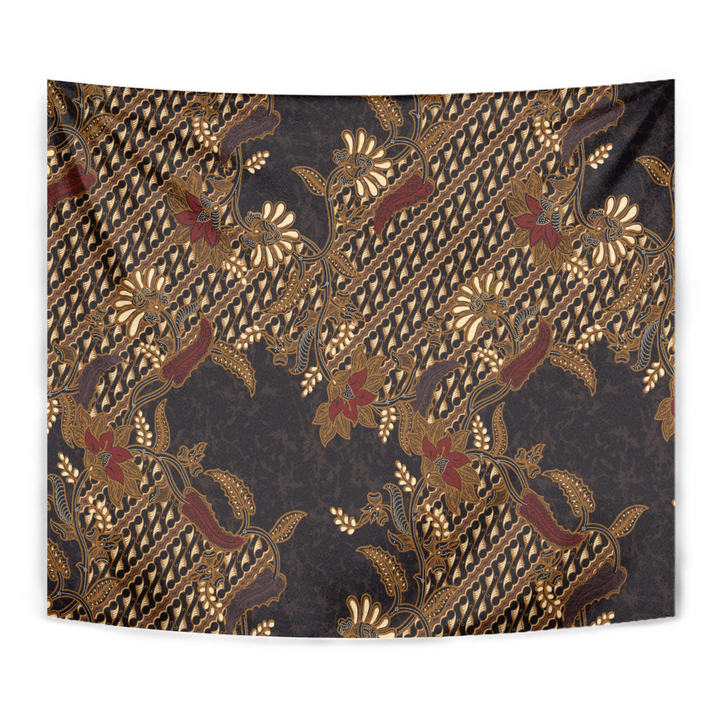 Indonesian Parang Batik Tapestry Brown Gold Floral Pattern LT05 - Polynesian Pride