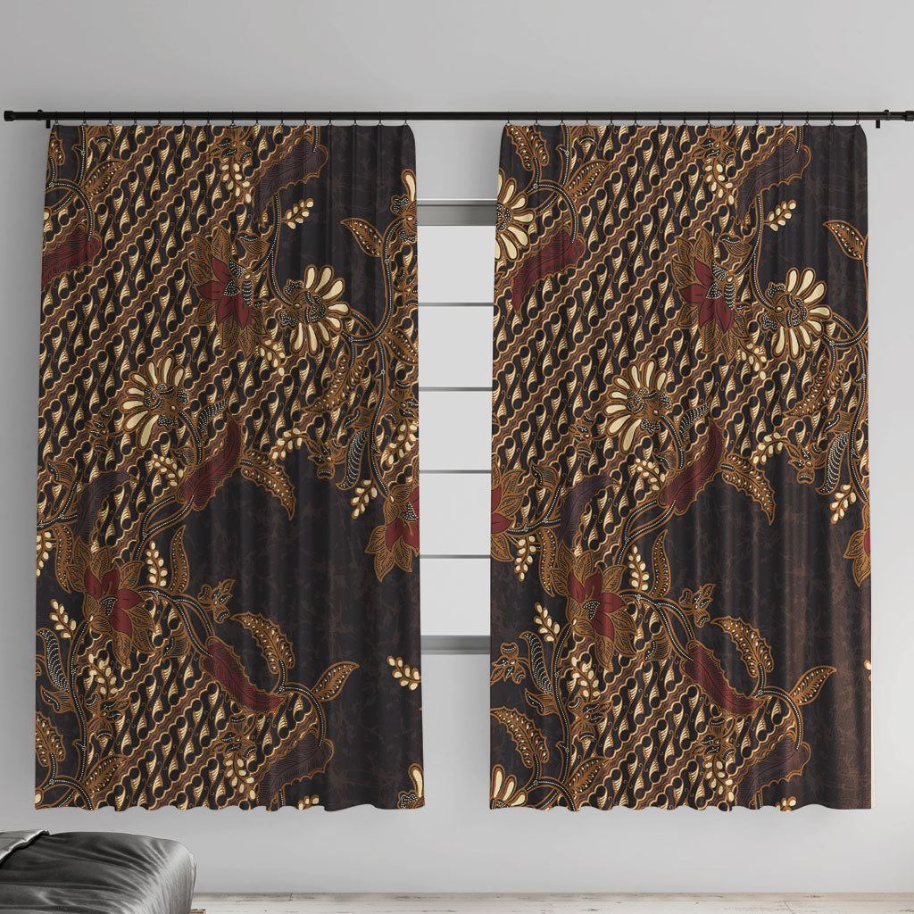 Indonesian Parang Batik Window Curtain Brown Gold Floral Pattern LT05 With Hooks Brown - Polynesian Pride