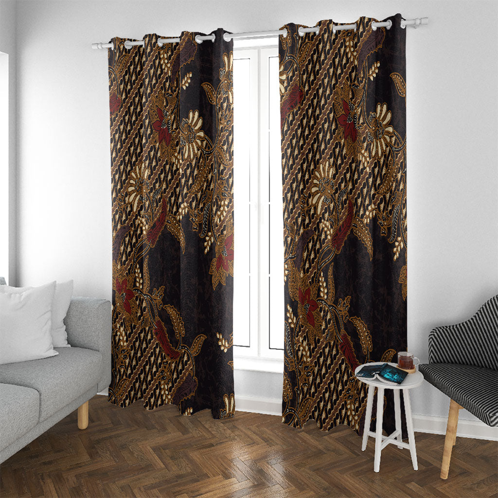 Indonesian Parang Batik Window Curtain Brown Gold Floral Pattern LT05 With Grommets Brown - Polynesian Pride