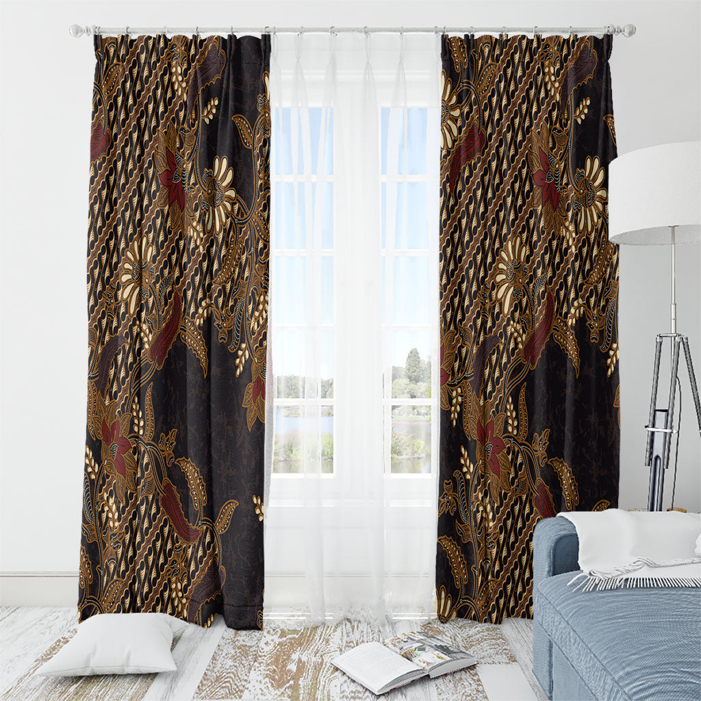 Indonesian Parang Batik Window Curtain Brown Gold Floral Pattern LT05 - Polynesian Pride