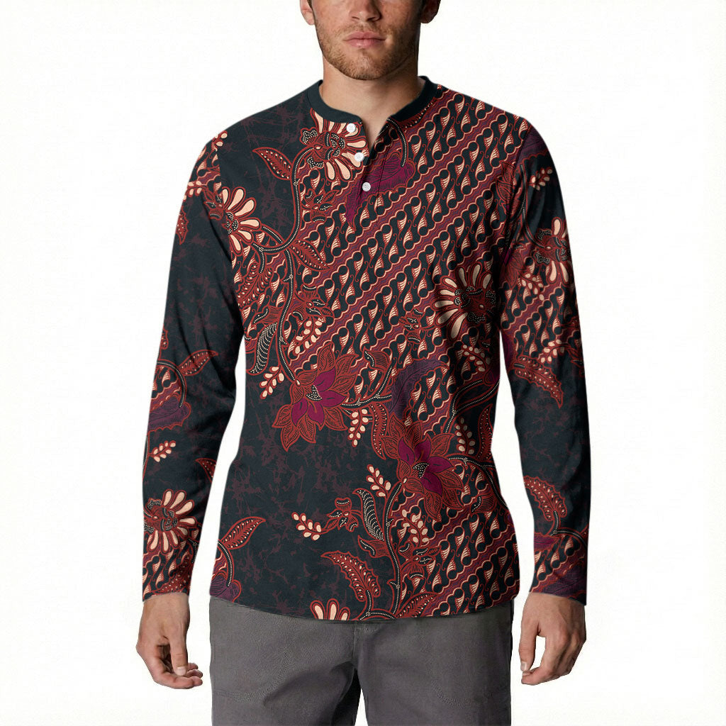 Indonesian Parang Batik Button Sweatshirt Red Floral Pattern LT05 - Polynesian Pride