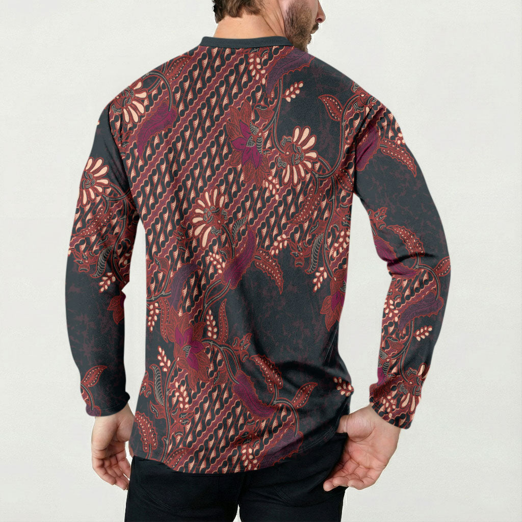 Indonesian Parang Batik Button Sweatshirt Red Floral Pattern LT05 - Polynesian Pride