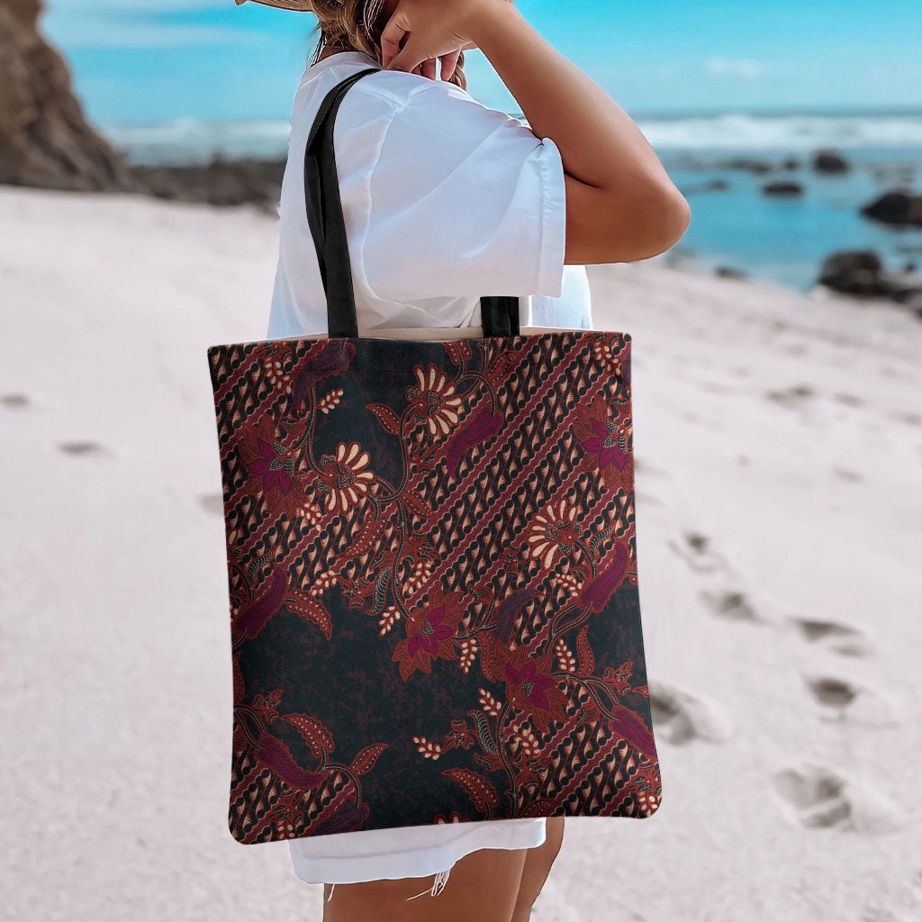 Indonesian Parang Batik Tote Bag Red Floral Pattern LT05 - Polynesian Pride