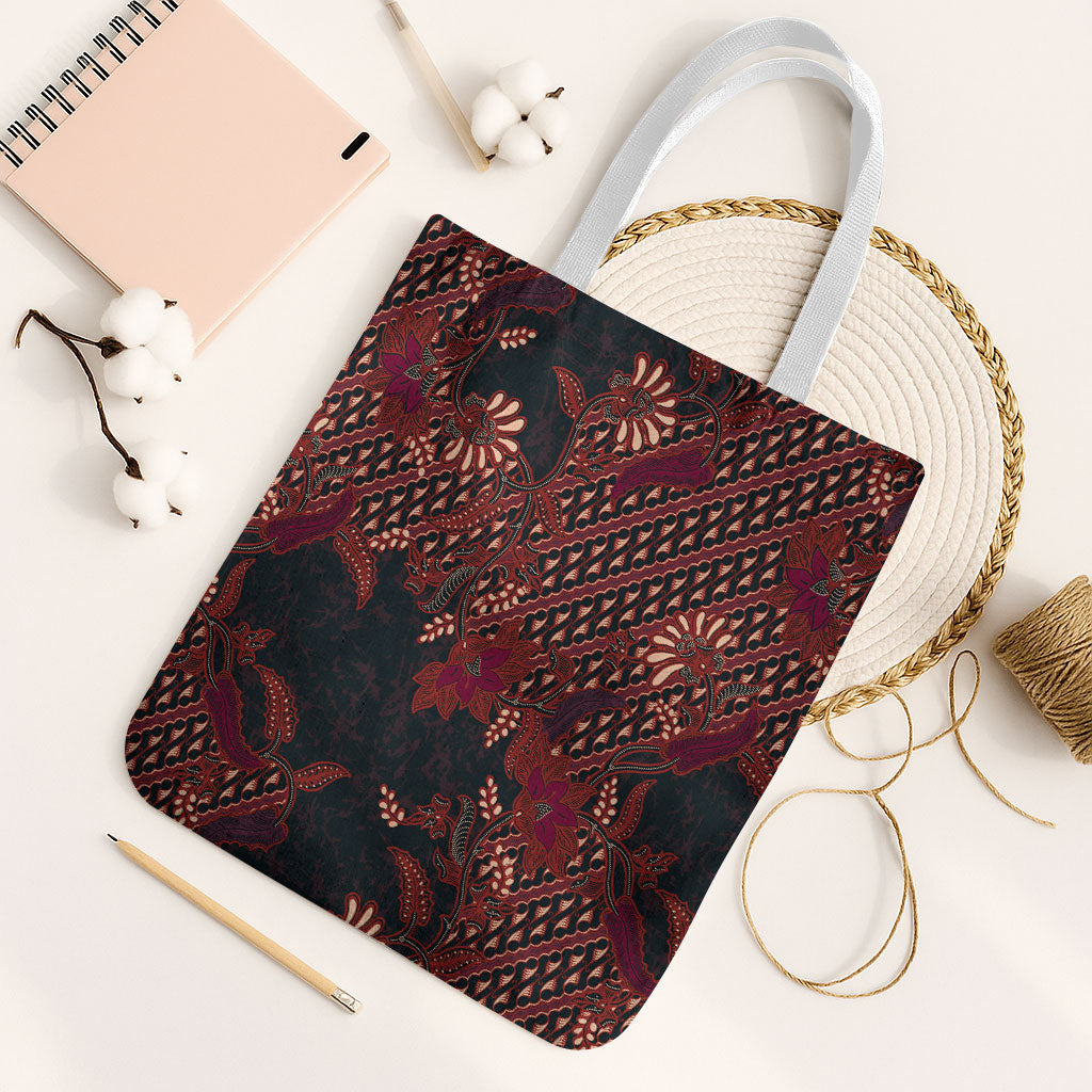 Indonesian Parang Batik Tote Bag Red Floral Pattern LT05 White Strap One Size Red - Polynesian Pride