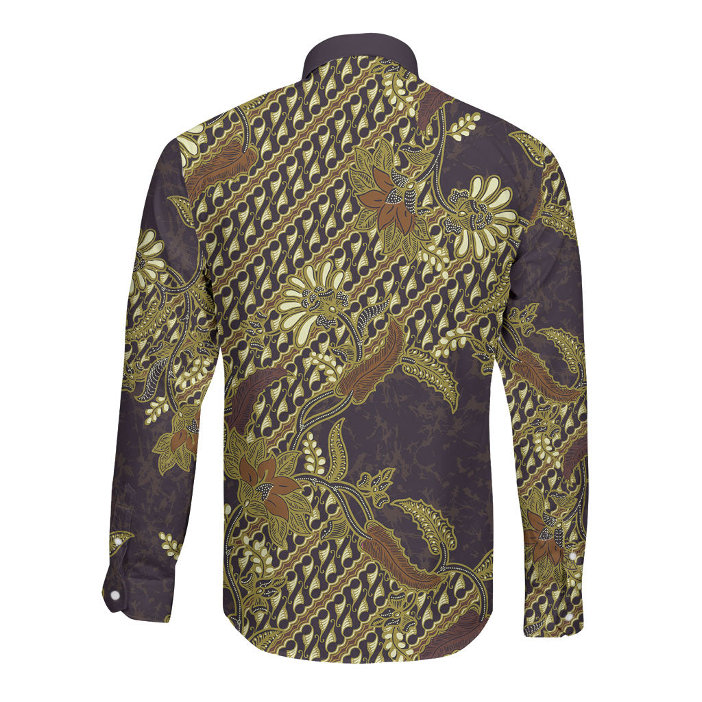 Indonesian Parang Batik Long Sleeve Button Shirt Yellow Floral Pattern LT05 - Polynesian Pride