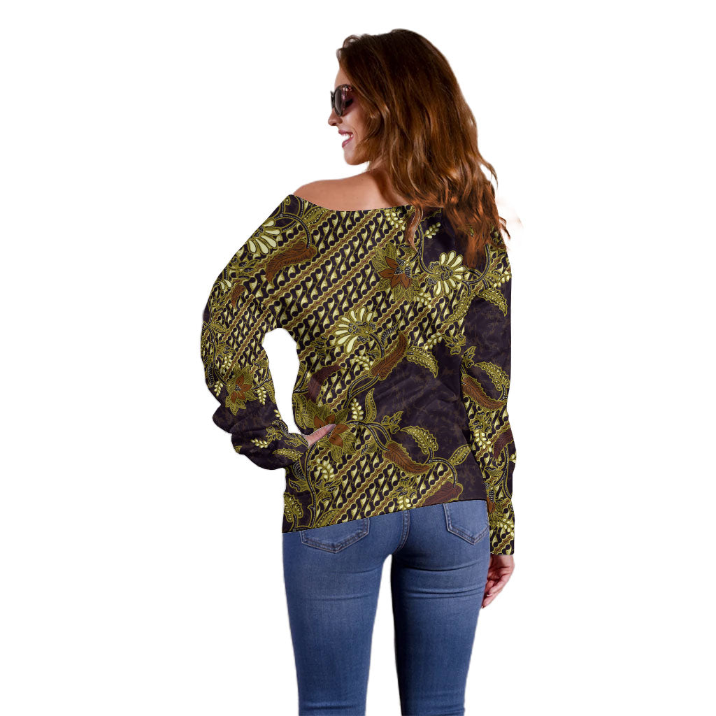 Indonesian Parang Batik Off Shoulder Sweater Yellow Floral Pattern LT05 - Polynesian Pride