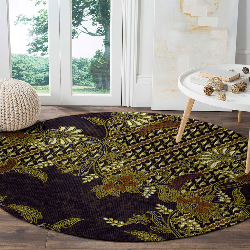 Indonesian Parang Batik Round Carpet Yellow Floral Pattern LT05 - Polynesian Pride