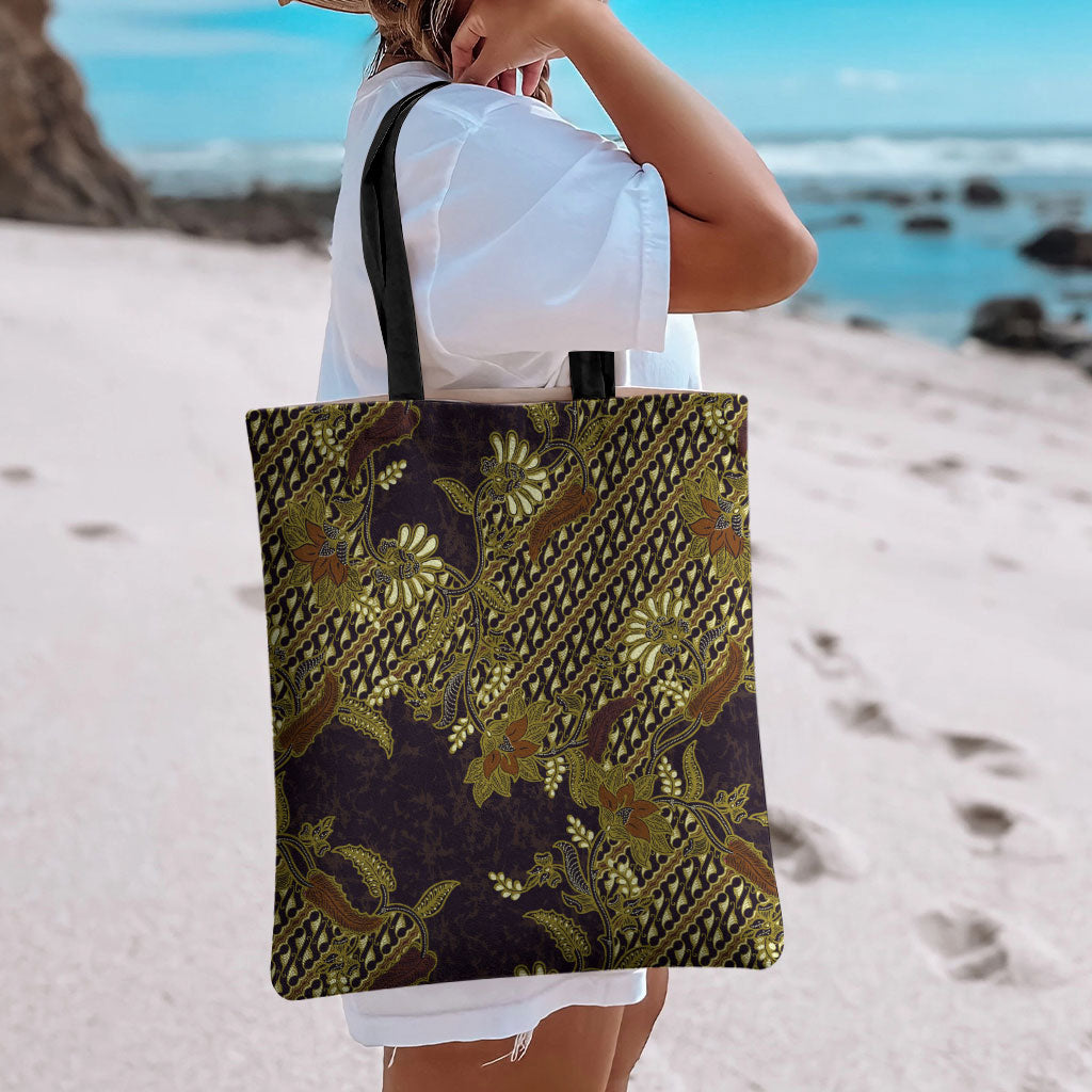 Indonesian Parang Batik Tote Bag Yellow Floral Pattern LT05 - Polynesian Pride