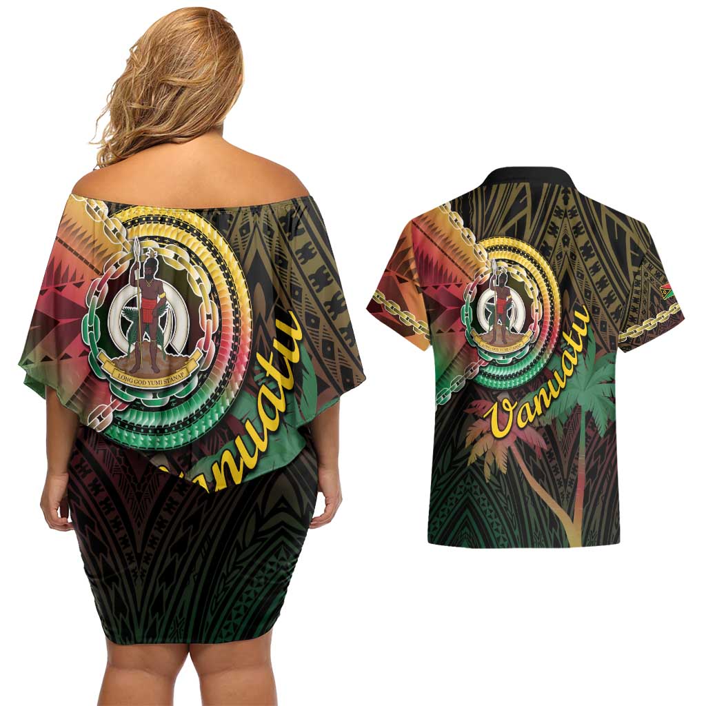 Vanuatu Espiritu Santo Island Couples Matching Off Shoulder Short Dress and Hawaiian Shirt Beach Landscape