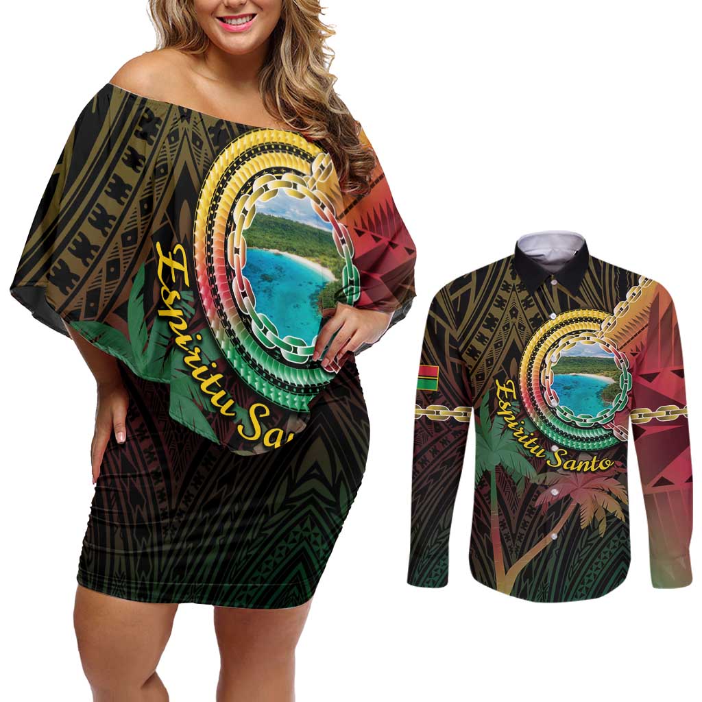 Vanuatu Espiritu Santo Island Couples Matching Off Shoulder Short Dress and Long Sleeve Button Shirt Beach Landscape LT05 Black - Polynesian Pride