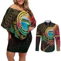 Vanuatu Espiritu Santo Island Couples Matching Off Shoulder Short Dress and Long Sleeve Button Shirt Beach Landscape LT05 Black - Polynesian Pride