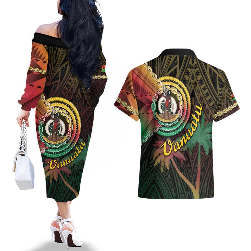 Vanuatu Espiritu Santo Island Couples Matching Off The Shoulder Long Sleeve Dress and Hawaiian Shirt Beach Landscape