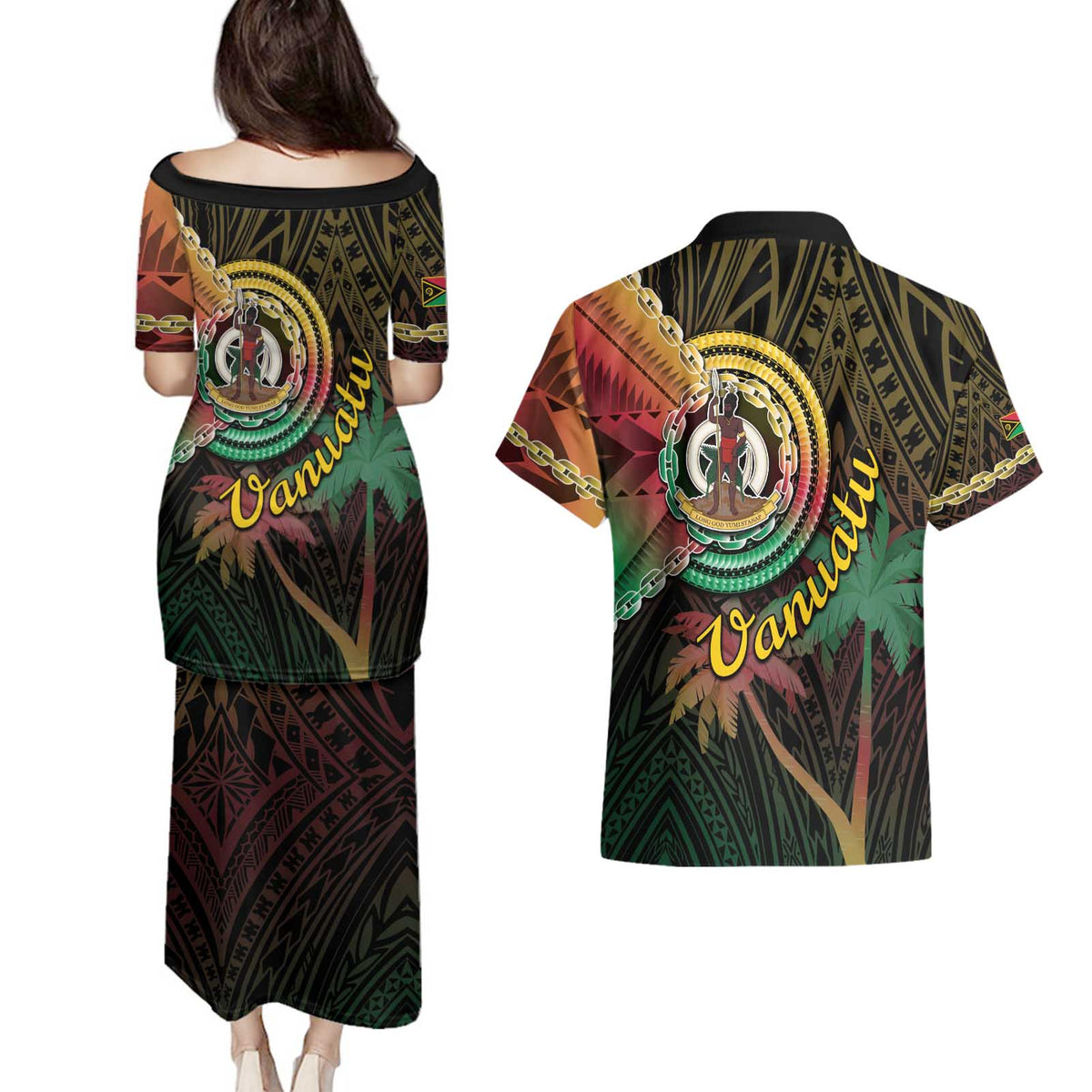 Vanuatu Espiritu Santo Island Couples Matching Puletasi and Hawaiian Shirt Beach Landscape