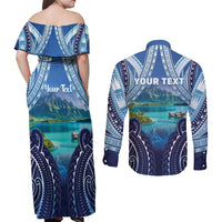 Personalised French Polynesia Bora Bora Couples Matching Off Shoulder Maxi Dress and Long Sleeve Button Shirt Beach Landscape Polynesian Style