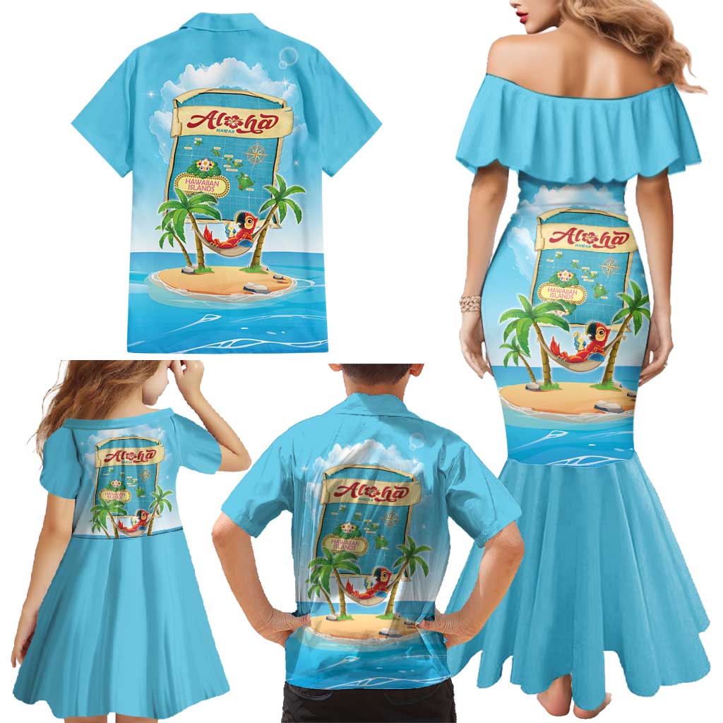 Aloha Hawaii Family Matching Mermaid Dress and Hawaiian Shirt Funny Macaw Parrot Tropical Vibe