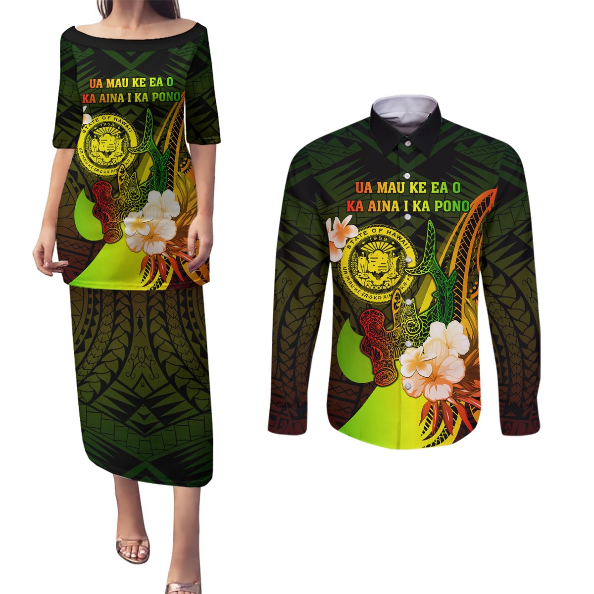 Personalised Hawaii State Motto Couples Matching Puletasi and Long Sleeve Button Shirt Hawaiian Tribal Reggae Hammerhead Shark LT05 Reggae - Polynesian Pride