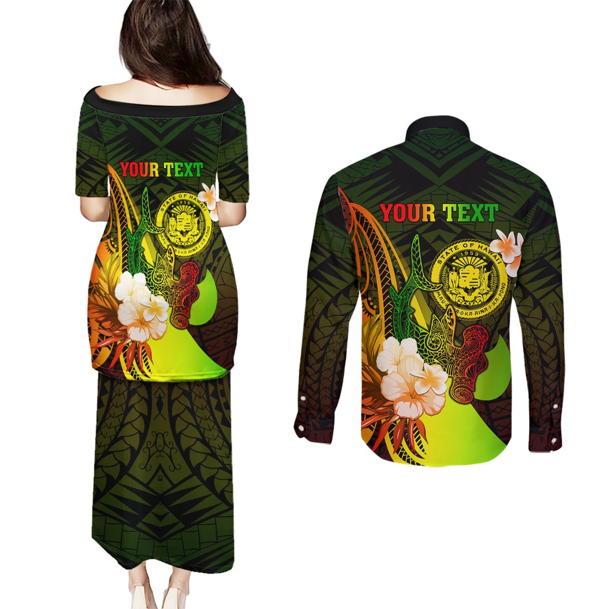 Personalised Hawaii State Motto Couples Matching Puletasi and Long Sleeve Button Shirt Hawaiian Tribal Reggae Hammerhead Shark LT05 - Polynesian Pride