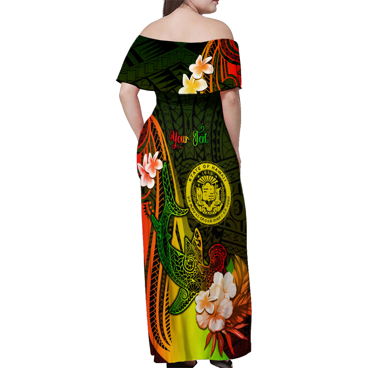 Personalised Hawaii State Motto Family Matching Off Shoulder Maxi Dress and Hawaiian Shirt Hawaiian Tribal Reggae Hammerhead Shark LT05 - Polynesian Pride