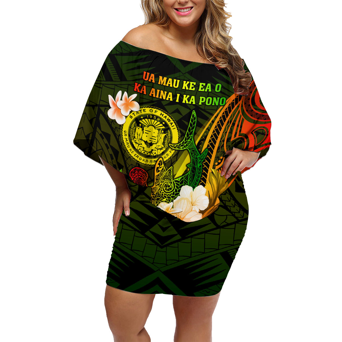 Personalised Hawaii State Motto Family Matching Off Shoulder Short Dress and Hawaiian Shirt Hawaiian Tribal Reggae Hammerhead Shark LT05 Mom's Dress Reggae - Polynesian Pride