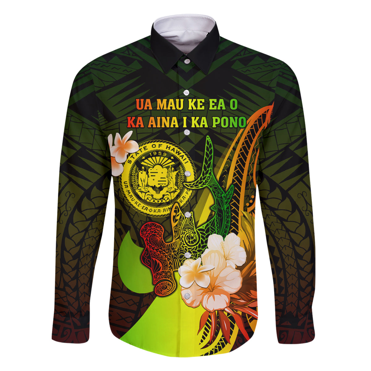 Personalised Hawaii State Motto Family Matching Summer Maxi Dress and Hawaiian Shirt Hawaiian Tribal Reggae Hammerhead Shark LT05 Dad's Shirt - Long Sleeve Reggae - Polynesian Pride