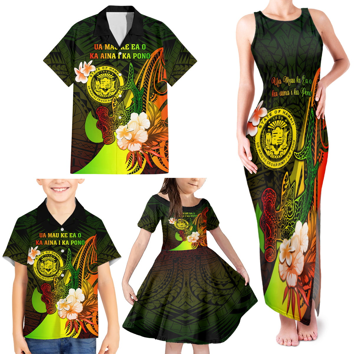 Personalised Hawaii State Motto Family Matching Tank Maxi Dress and Hawaiian Shirt Hawaiian Tribal Reggae Hammerhead Shark LT05 - Polynesian Pride