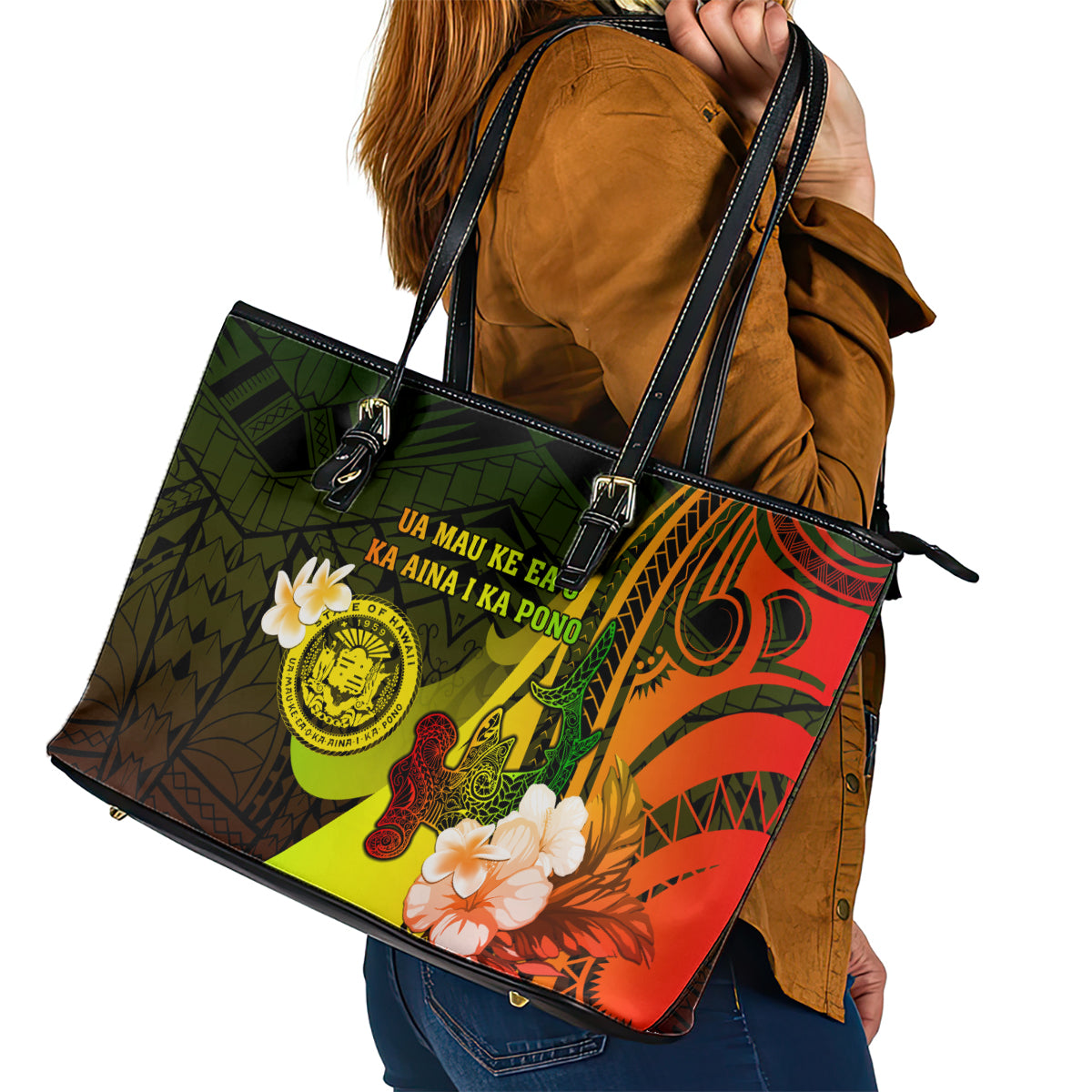 Hawaii State Motto Leather Tote Bag Hawaiian Tribal Reggae Hammerhead Shark LT05 - Polynesian Pride