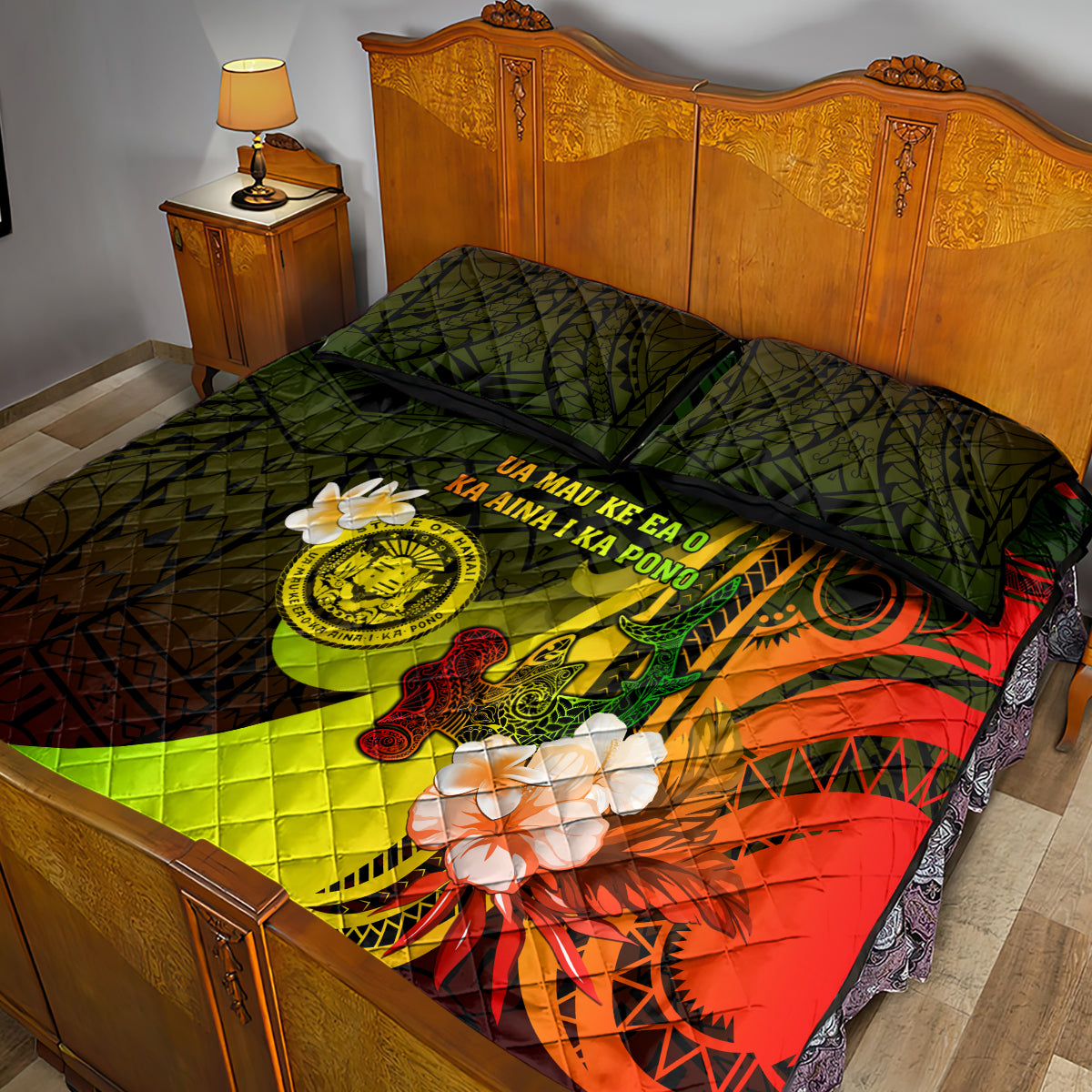 Hawaii State Motto Quilt Bed Set Hawaiian Tribal Reggae Hammerhead Shark LT05 - Polynesian Pride
