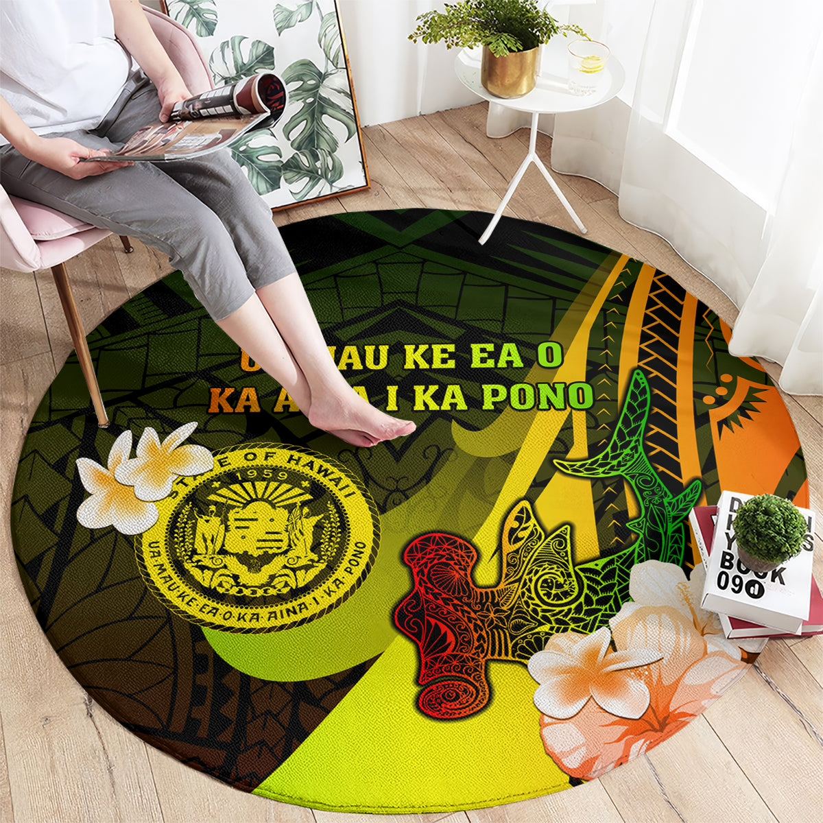 Hawaii State Motto Round Carpet Hawaiian Tribal Reggae Hammerhead Shark LT05 - Polynesian Pride
