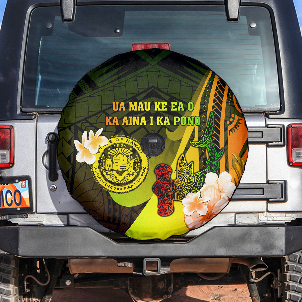 Hawaii State Motto Spare Tire Cover Hawaiian Tribal Reggae Hammerhead Shark LT05 - Polynesian Pride
