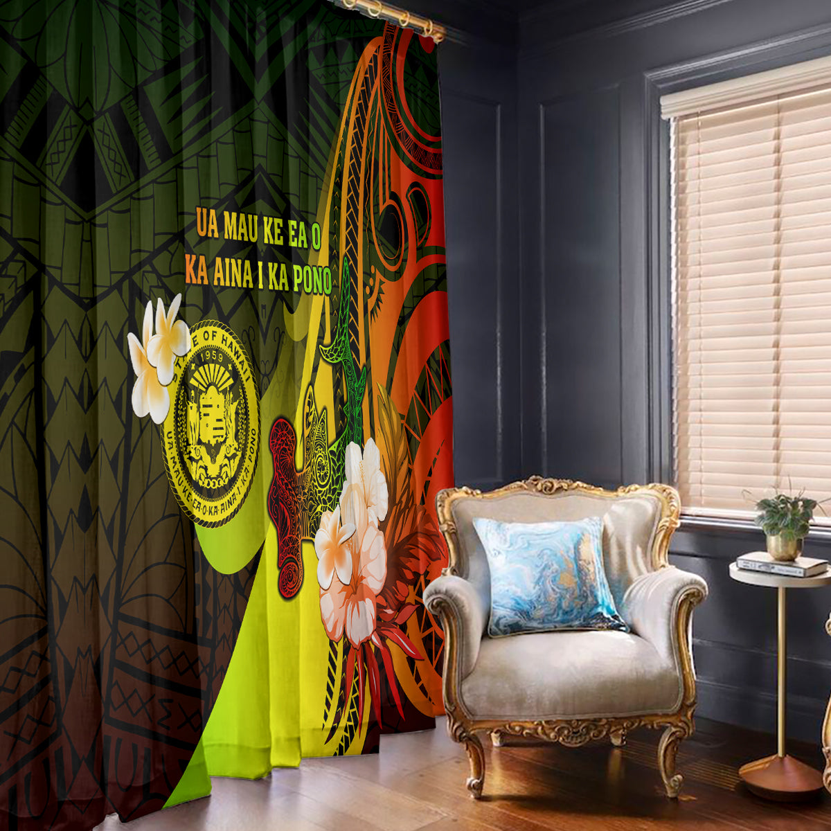 Hawaii State Motto Window Curtain Hawaiian Tribal Reggae Hammerhead Shark LT05 - Polynesian Pride